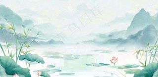 绿色荷花荷叶山水船立夏天夏至中式手绘风景中国风国画大暑小暑插画背景