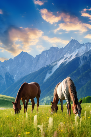 新疆美景骏马草原吃草放牧草原高原山脉摄影图