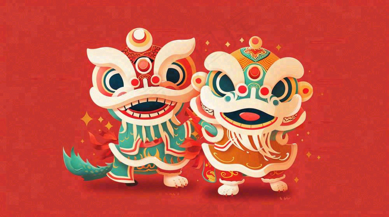 中国式舞狮舞龙卡通插画新年春节节日庆祝红色背景(1456x816)