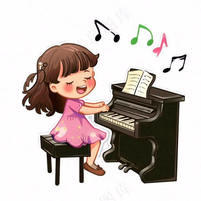 弹钢琴的女孩演奏乐器音乐卡通插画免抠(1024x1024)