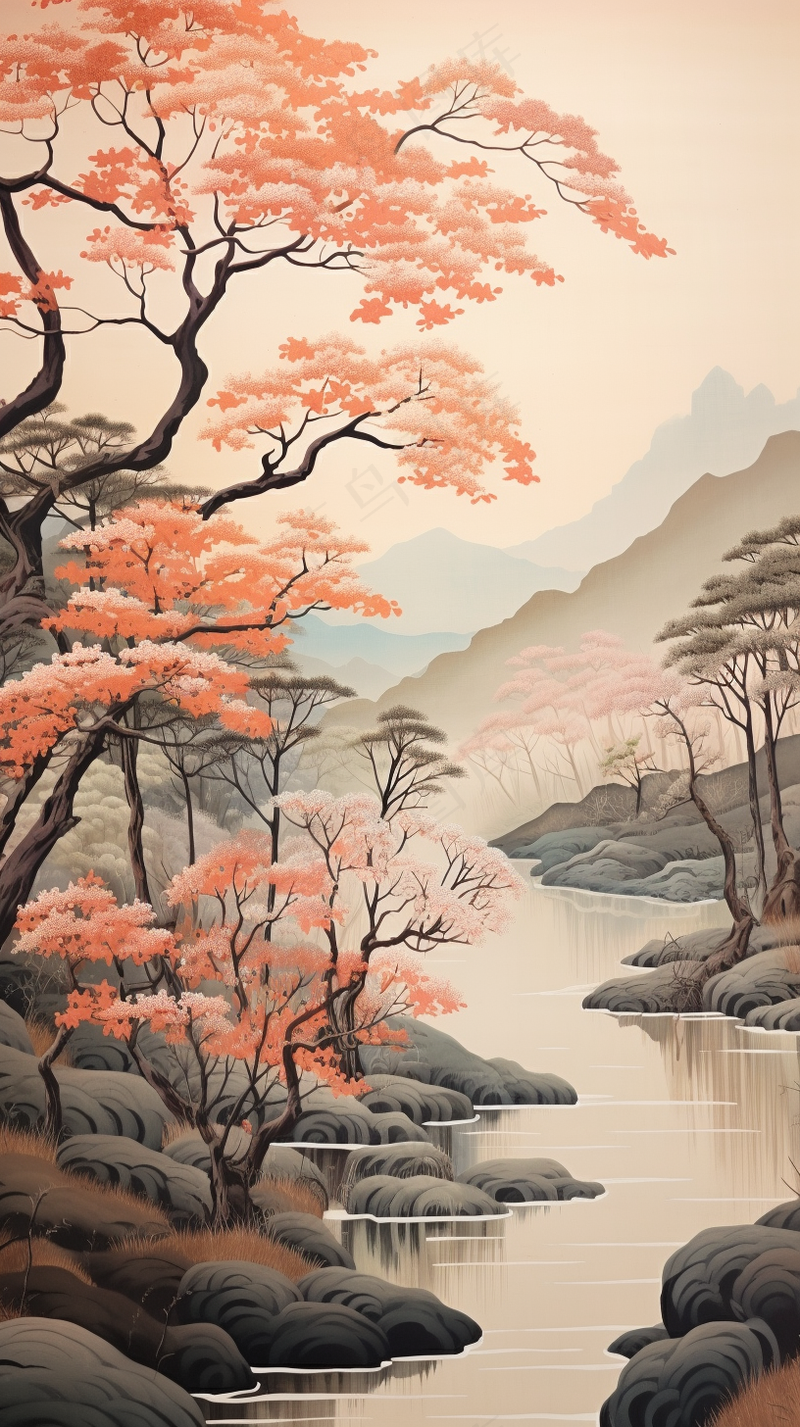 国风山水画河流花草国画水墨画素材背景(2448x4368)