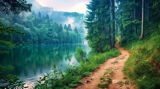 森林湖泊山林小路高山摄影图