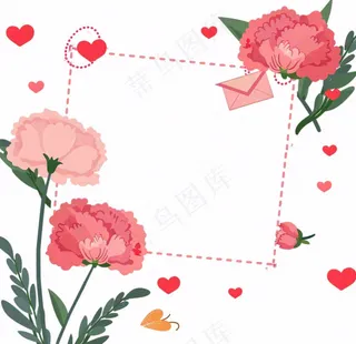 康乃馨鲜花粉色信封边框插画免抠