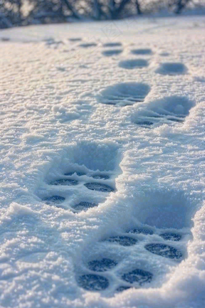 冬天雪地里的脚印蓝白色小雪大雪摄影图(896x1344)