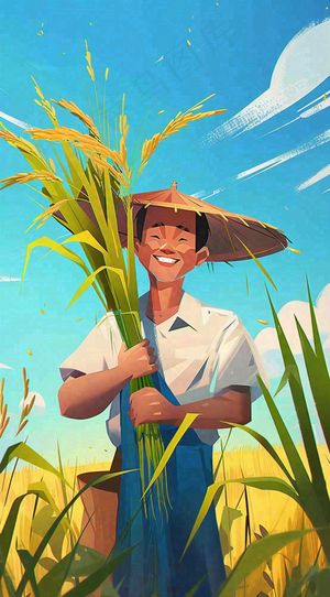 农民抱着一束水稻稻穗农田小满芒种插画背景