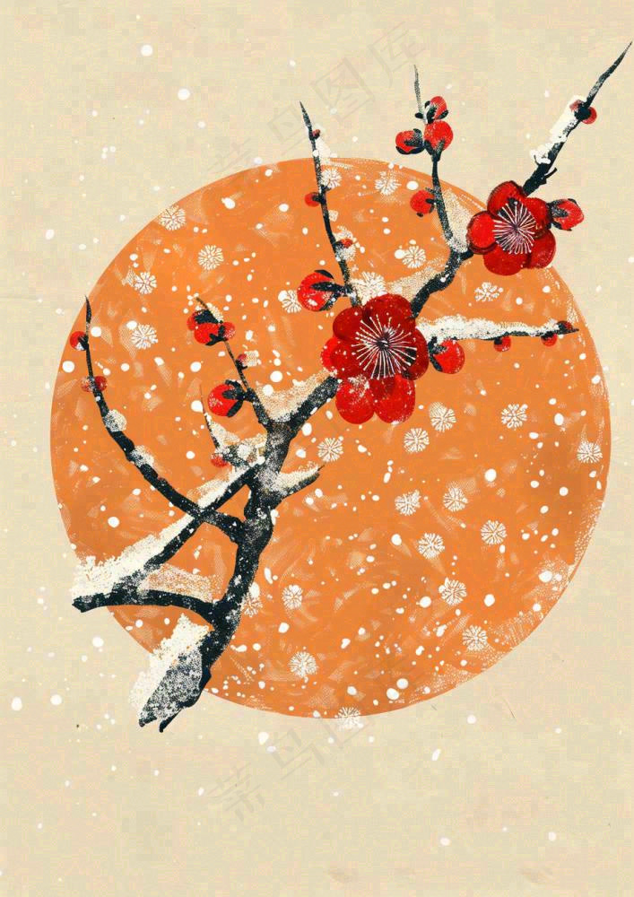 冬天梅花红圆形背景纸张纹理古风国风节日小年插画背景(928x1312)