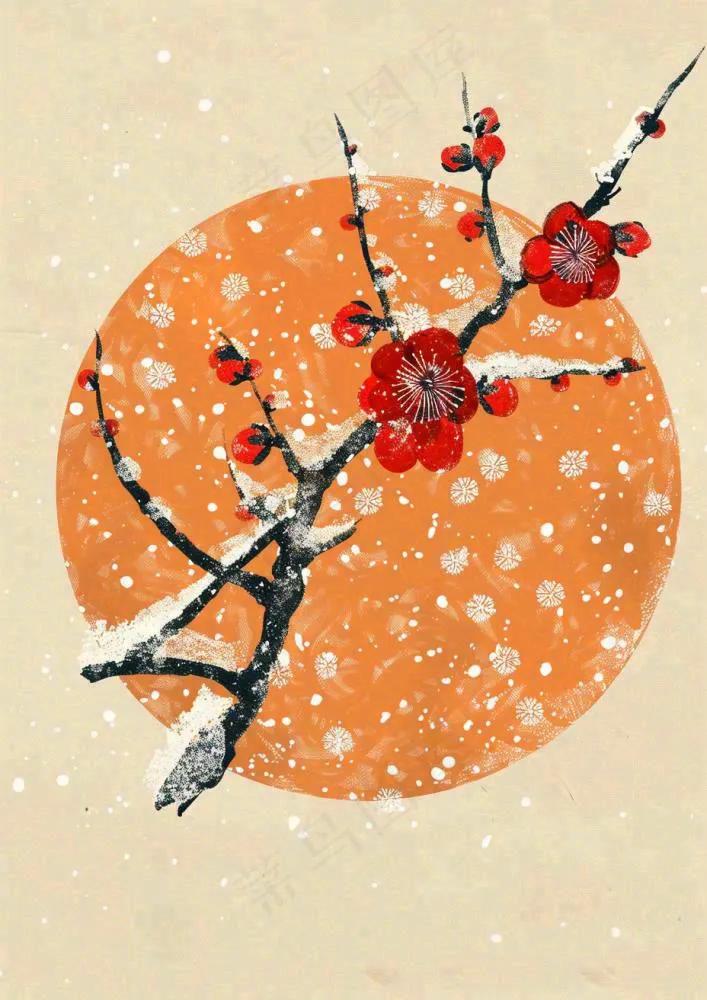 冬天梅花红圆形背景纸张纹理古风国风节日小年插画背景(928x1312)