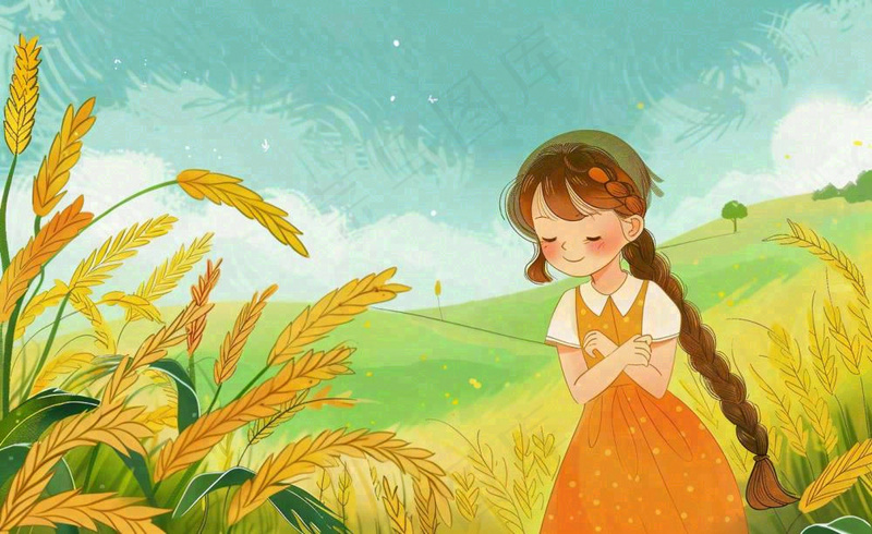 秋收秋天女孩在麦田麦穗芒种立秋秋分卡通插画背景(1408x864)