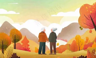 重阳节秋天黄昏老人户外游玩背影插画背景