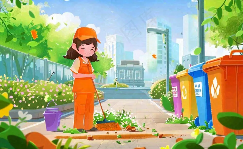 环卫工人清洁街道劳动职业保护环境城市卫生卡通插画背景(1408x864)