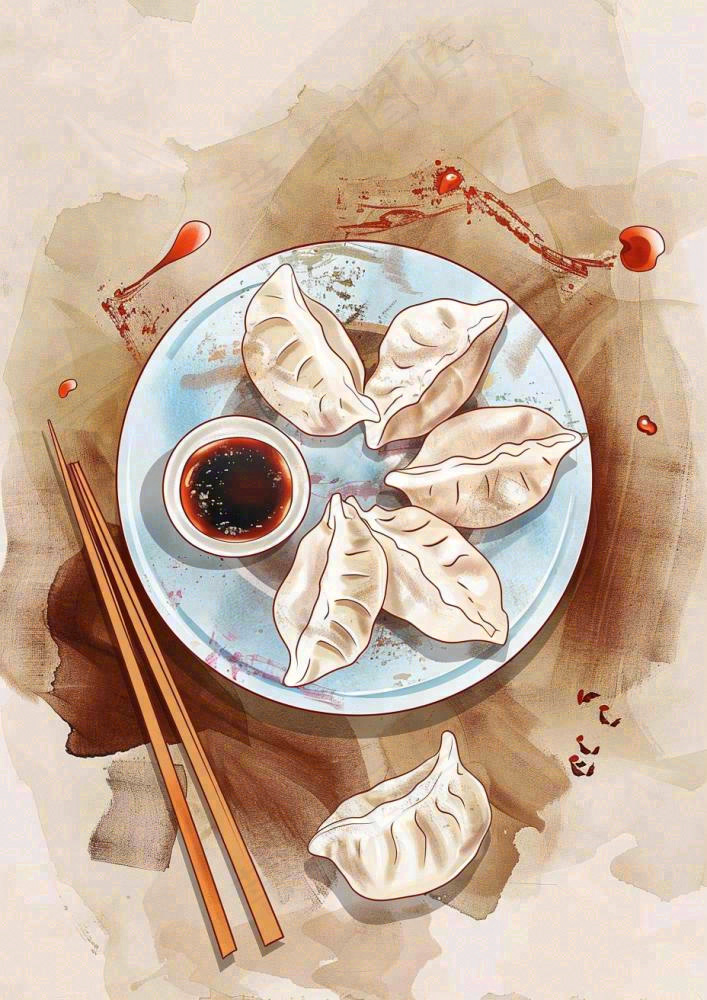 饺子中国传统美食水彩插画冬至节日(928x1312)