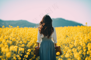 春天油菜花田女孩背景摄影图