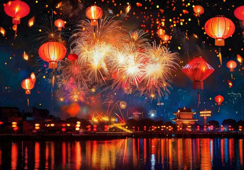 节日庆祝江上烟花活动灯笼背景(1312x912)