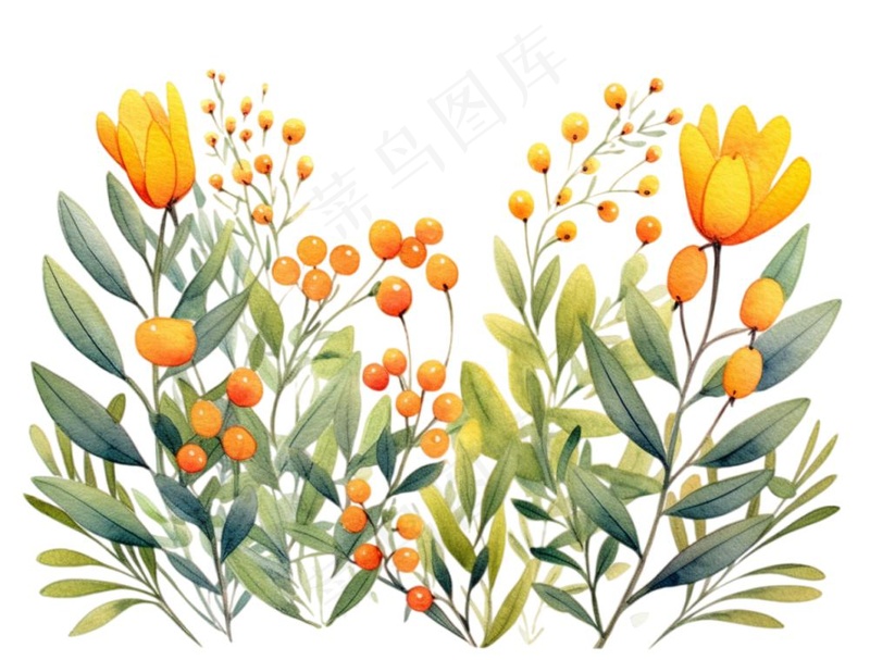 春季春天花草植物水彩鲜花花卉枝叶插画免抠(1264x960)
