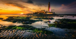 晨光中的孤独灯塔与退潮后的海岸线