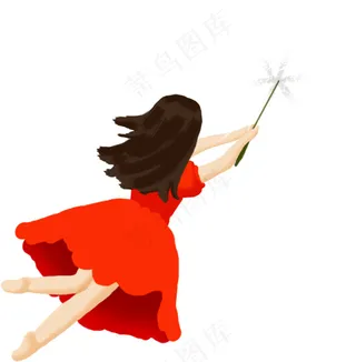 手绘红色裙子少女蒲公英
