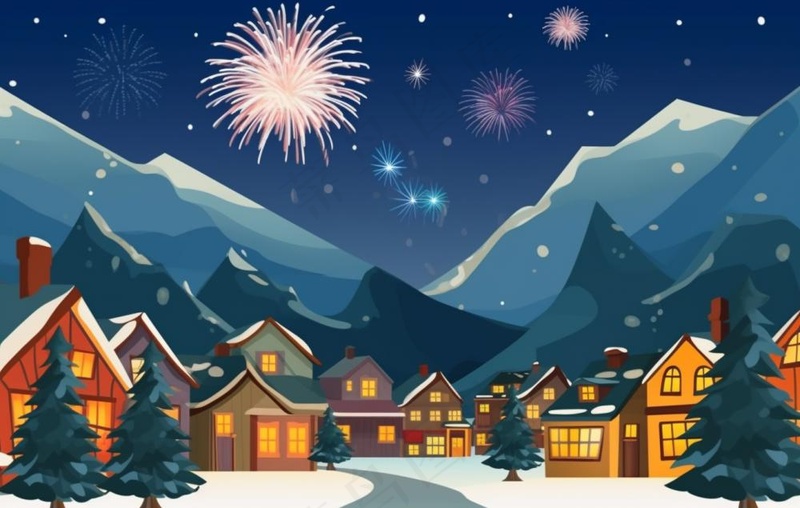冬季雪天圣诞小镇烟花夜晚节日氛围卡通插画背景(1360x864)