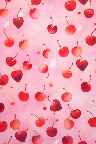 红色樱桃爱心樱桃车厘子可爱粉色插画壁纸