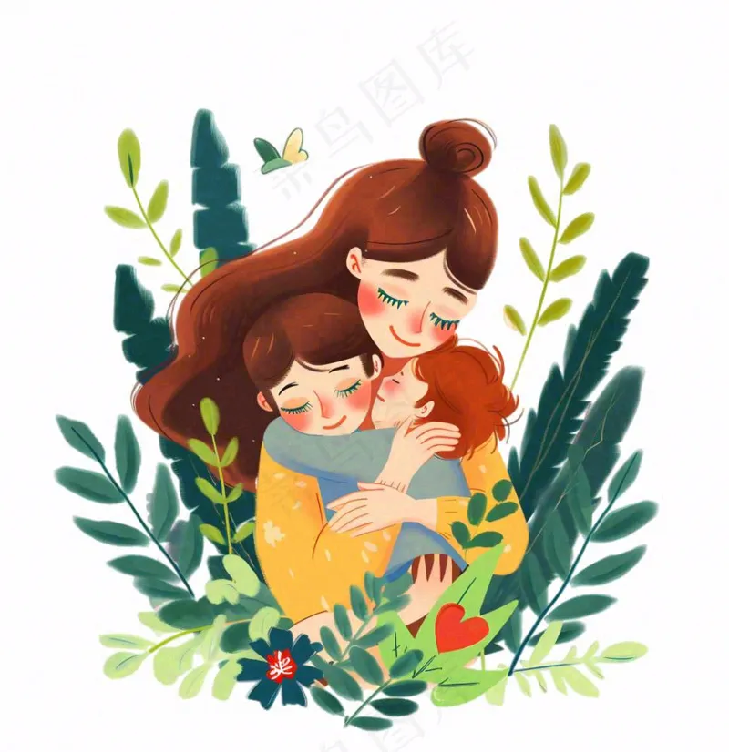 妈妈抱着孩子母亲花草环抱亲情卡通插画免抠(1024x1056)