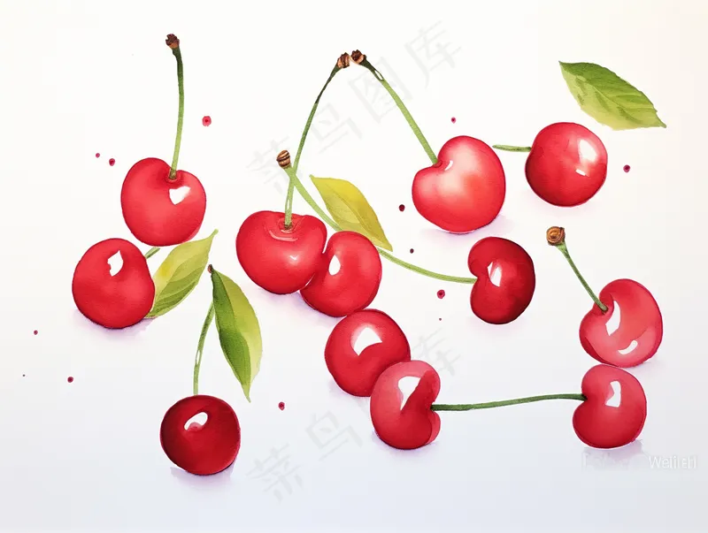 樱桃车厘子水果水彩画卡通壁纸(3696x2784)