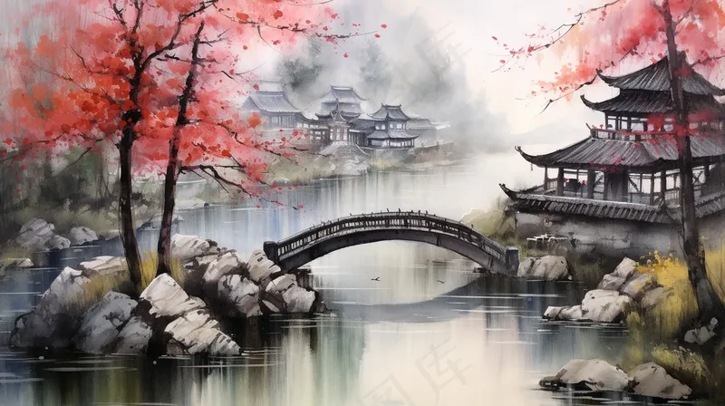 江南小镇小桥流水国画水墨画素材背景(4368x2448)