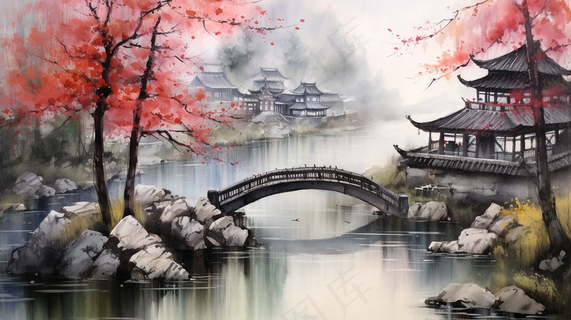 江南小镇小桥流水国画水墨画素材背景