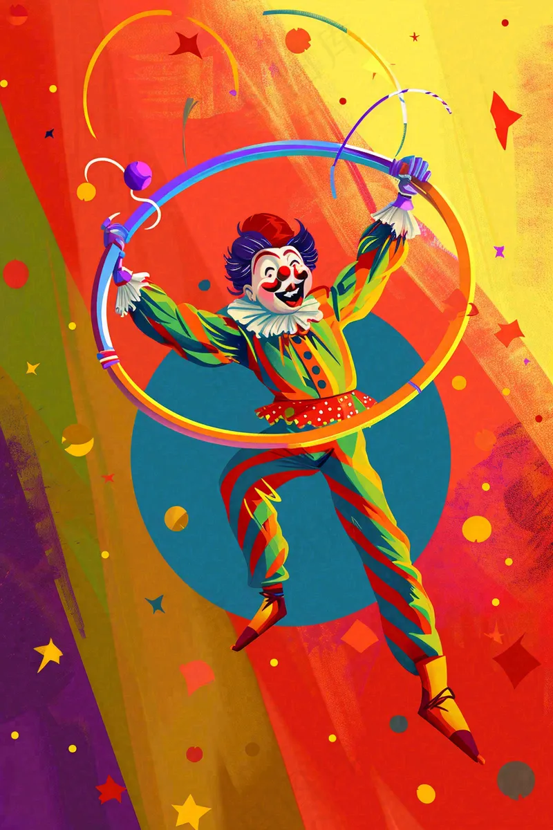 马戏团小丑表演游乐园彩带套圈愚人节卡通插画背景 (2688x4032)