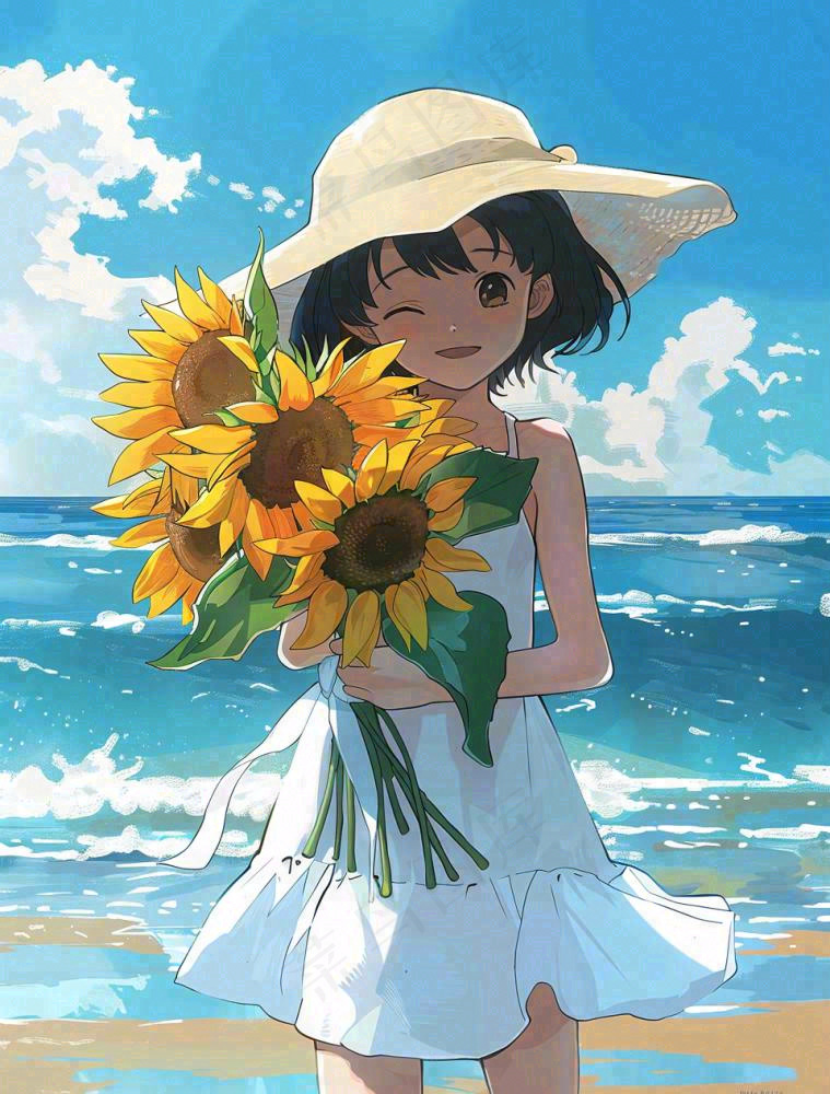夏日海边女孩抱着一大束向日葵花束旅游游玩立夏夏至卡通插画背景(960x1264)