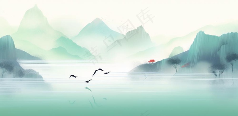 山水水墨画中国风插画背景(1568x768)