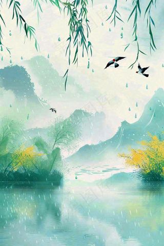 春天雨水水墨山水柳树柳枝燕子黄花盛开清明端午插画背景