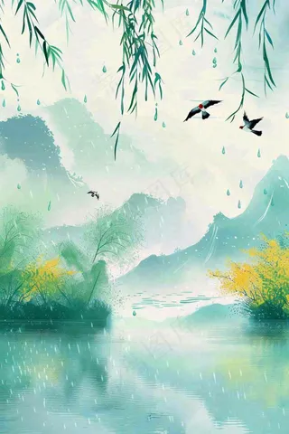 春天雨水水墨山水柳树柳枝燕子黄花盛开清明端午插画背景