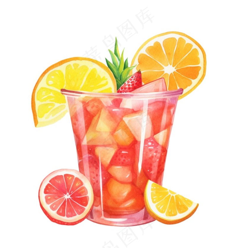 水果茶饮料草莓菠萝橙子柠檬水彩插画免抠