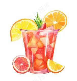 水果茶饮料草莓菠萝橙子柠檬水彩插画免抠
