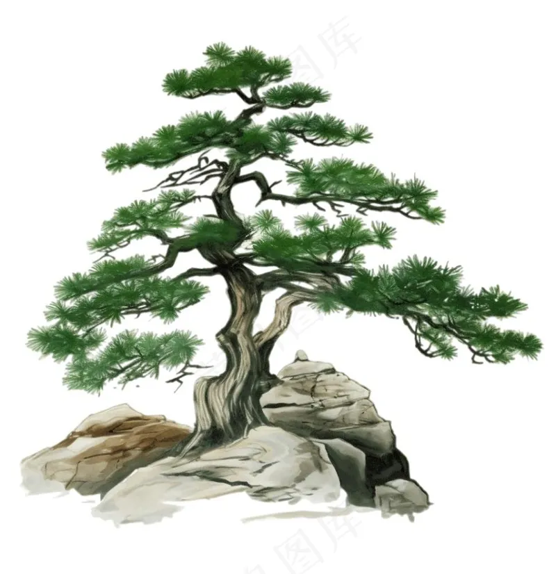 松树石壁上的迎客松古风水墨画插画免抠(1024x1056)