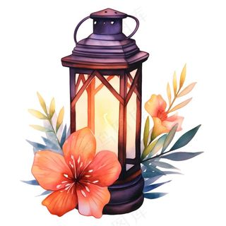 手柄老式灯笼复古照明植物花朵水彩插画免抠