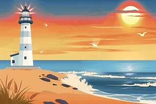 海滩礁石灯塔落日夕阳插画背景
