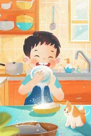 手绘五一劳动节假期学生做家务场景插画卡通劳动节儿童插画背景