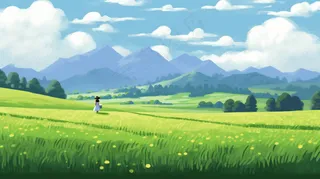 春天山林草原蓝天白云花丛摄影图