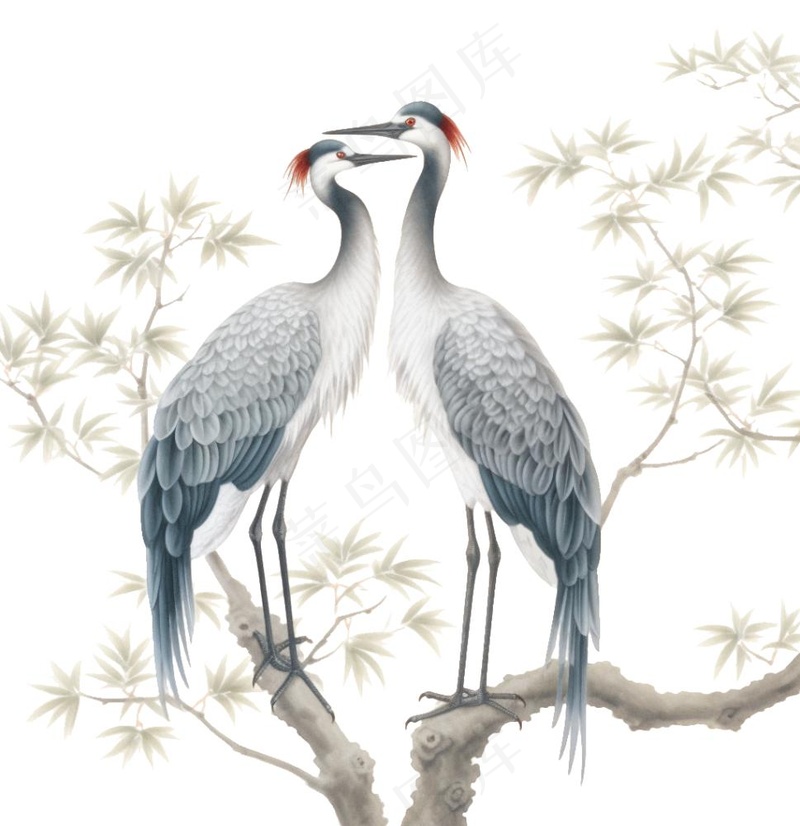 一对仙鹤站在松树上古风插画免抠(1024x1056)