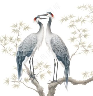 一对仙鹤站在松树上古风插画免抠