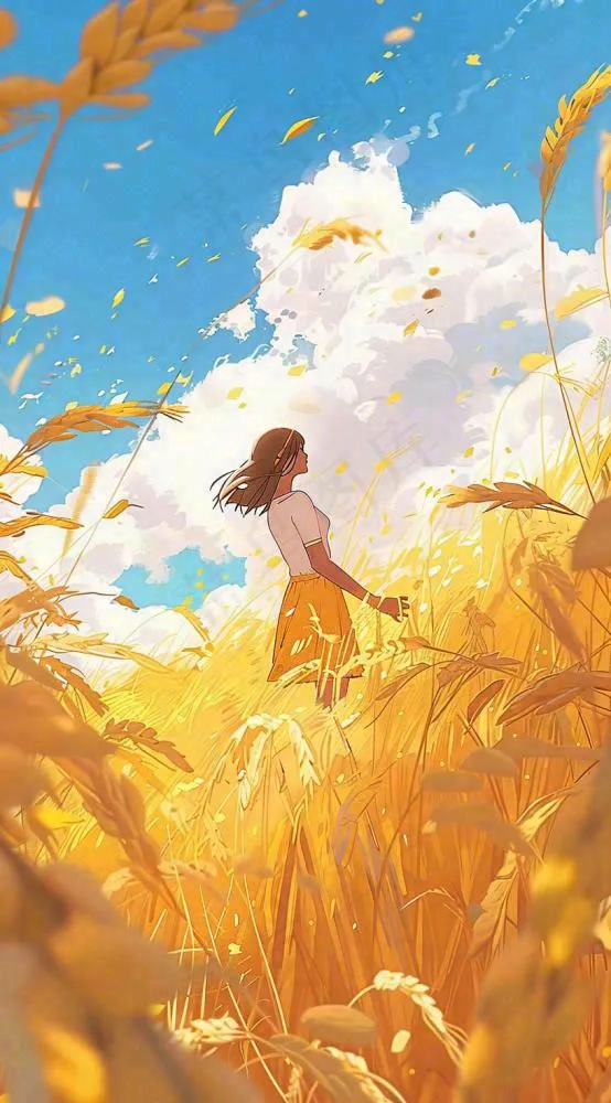 秋天金色麦田女孩蓝天秋收立秋秋分处暑芒种插画背景(816x1472)