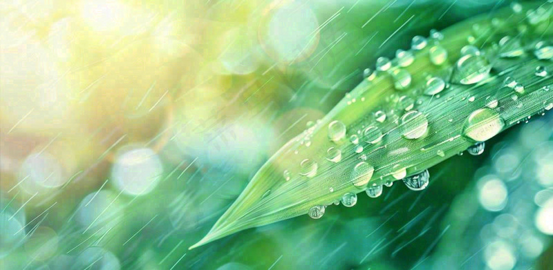 雨水飘打在绿叶叶片上春天雨水谷雨摄影图(1568x768)
