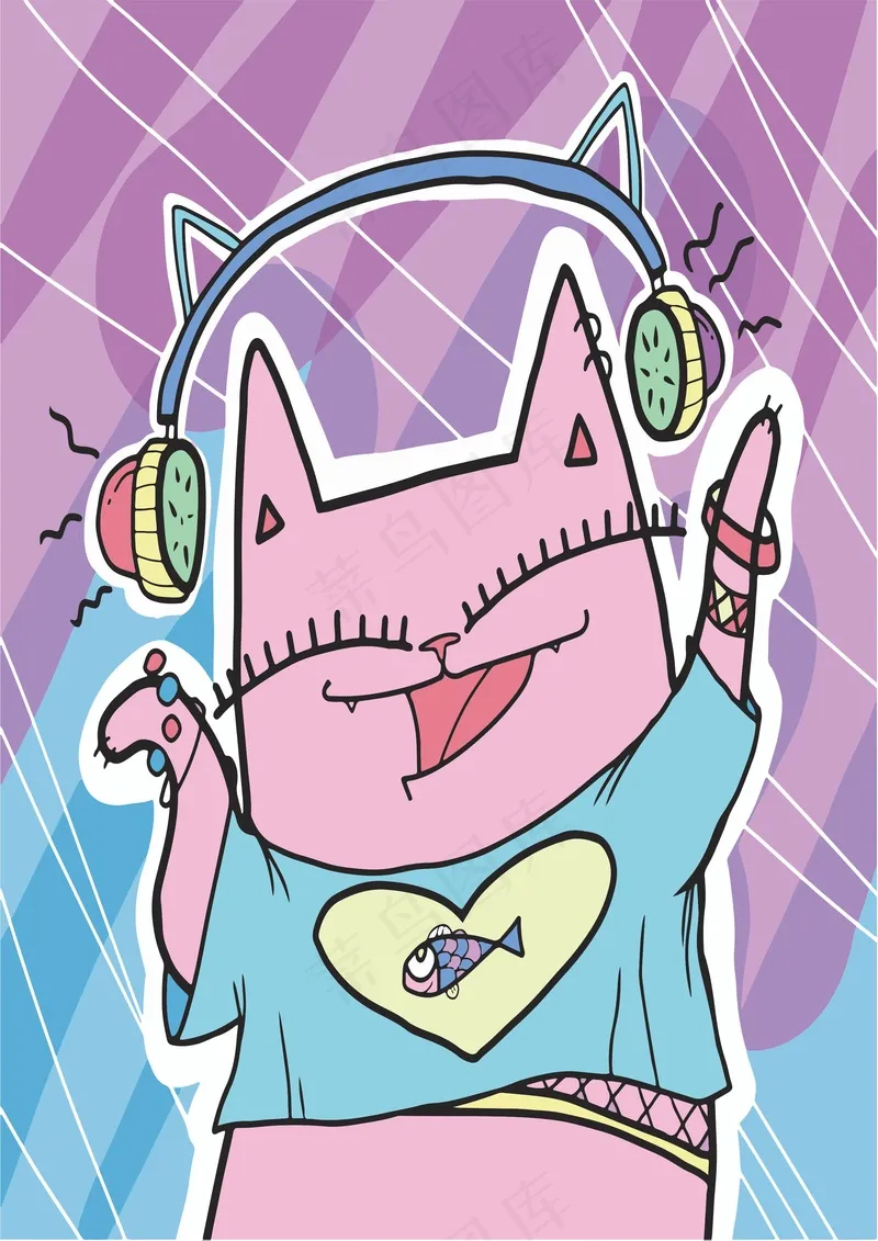 猫咪听音乐 耳机摇滚cdr矢量模版下载