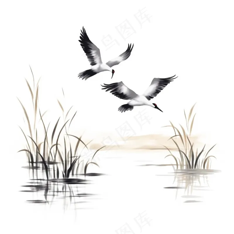 仙鹤白鹤飞过水草芦苇水墨画插画免抠(1024x1024)