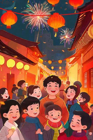 新年除夕热闹的街区烟花庆祝人物插画背景