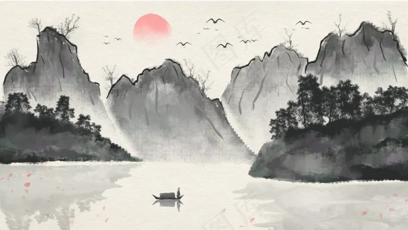 中国风山水彩色国画插画装饰画素材12psd模版下载