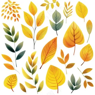 秋天落叶黄叶水彩画卡通插画免抠