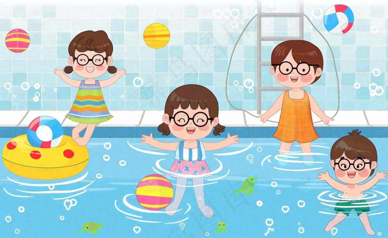 蓝色儿童夏天游泳池插画卡通夏日立夏夏至大暑小暑游泳插画背景(1408x864)