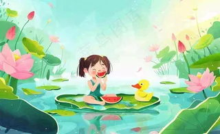 夏天池塘荷花荷叶上吃西瓜的女孩儿童清凉夏日立夏夏至小暑卡通插画背景