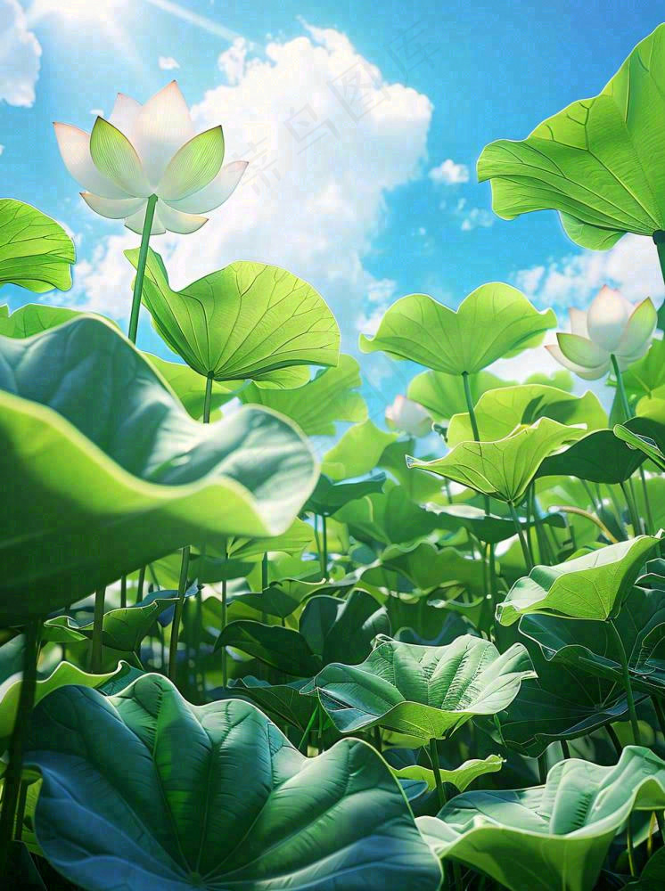 夏日荷花荷叶池塘绿叶下蓝天白云立夏大暑小暑摄影图(944x1264)